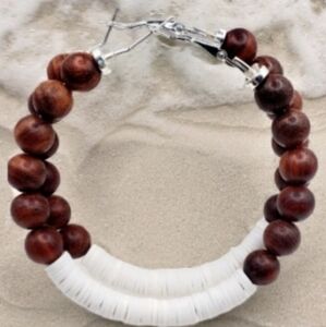 Hoop earrings with natural wooden beads, large hoop earrings